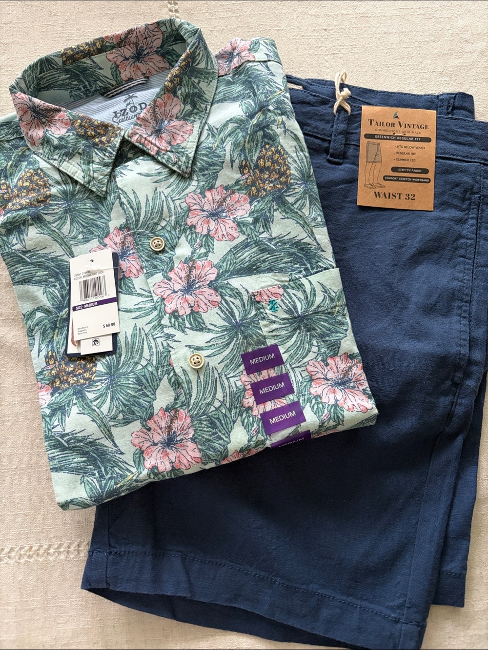 NWT men’s IZOD Mint Floral Button-Up M with Navy Shorts 32 bundle